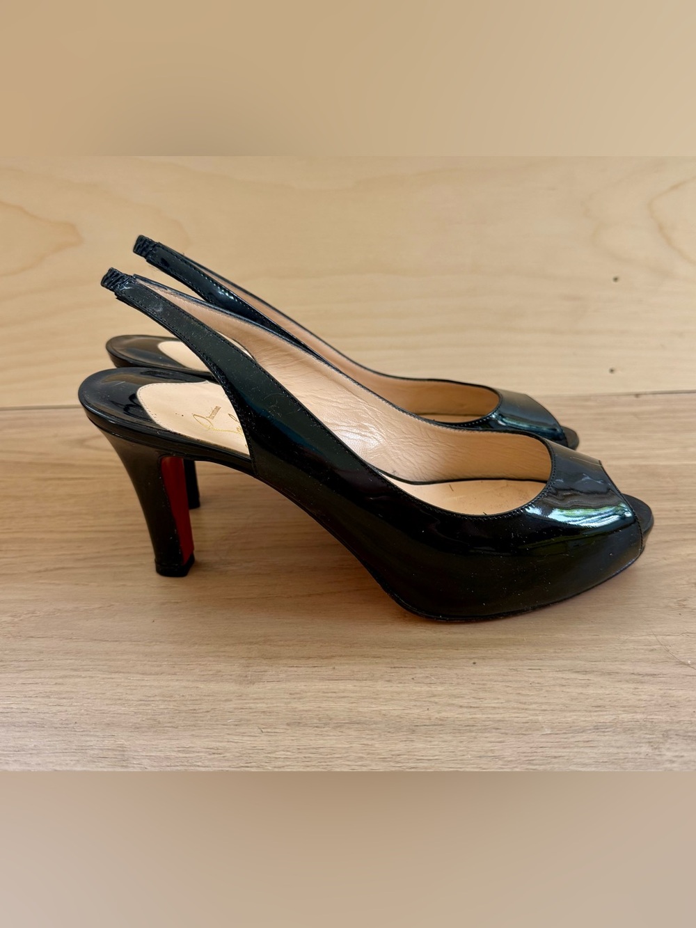 Christian Louboutin Black Patent Leather Slingback Peep-Toe Heels
